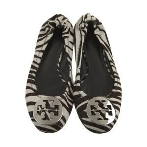 Tory Burch Logo Animal Print Zebra White Black Ponyhair Ballet Flats Shoes Sz 6